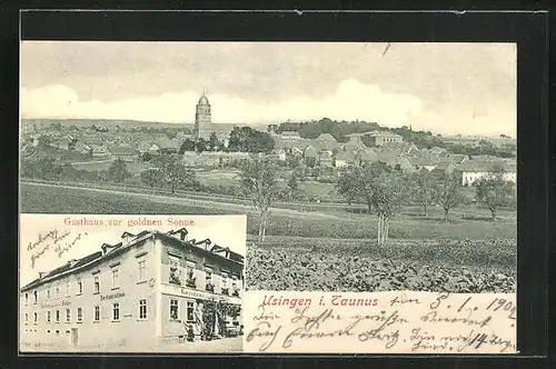 AK Usingen / Taunus, Gasthaus Zur goldenen Sonne, Totalansicht vom Ort