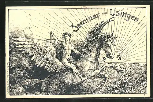 Künstler-AK Usingen i. T., Seminar 1913, Jüngling auf Pegasus