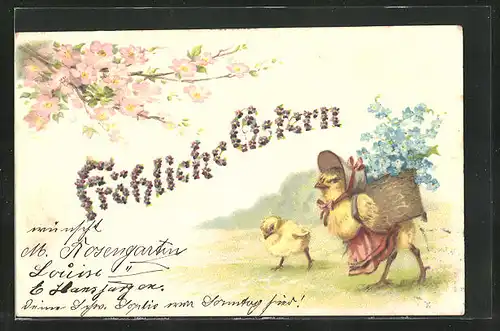 Präge-Lithographie Ostergruss, Küken mit Haube