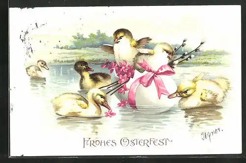 AK Ostergruss, Osterküken, Rosa Schleife, Weidenkätzchen