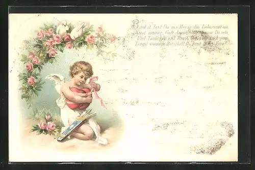 Lithographie Amor verknotet zwei Herzen, weisse Tauben