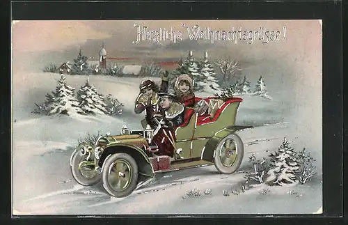 AK Weihnachtsgruss, Kinder fahren mit einem Automobli die Geschenke aus