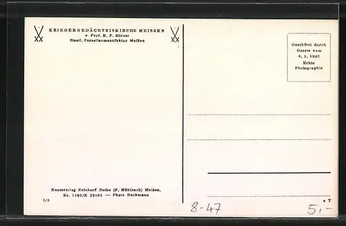 AK Meissen, Kriegergedächtniskirche v. Prof. E. P. Börner, Porzellan
