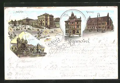 Lithographie Hannover, Bahnhof, Haus der Väter, Rathaus & Tivoli