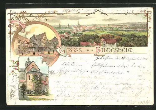 Lithographie Hildesheim, Gesamtansicht, Partie auf dem Andreasplatz, 1000jähr. Rosenstock