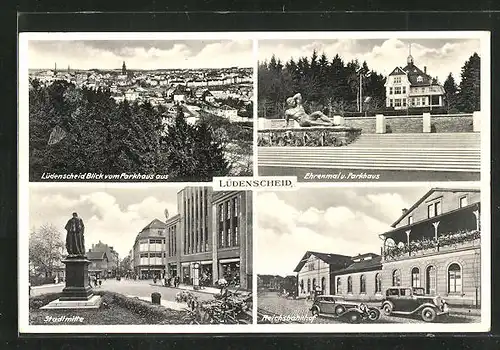 AK Lüdenscheid, Stadtmitte, Ehrenmal und Parkhaus, Reichsbahnhof