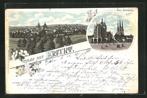 Vorläufer-Lithographie Erfurt, 1895, Dom und Severikirche, Ortsansicht