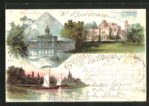 Lithographie Potsdam, Pfaueninsel, Marmor Palais, Schloss Babelsberg