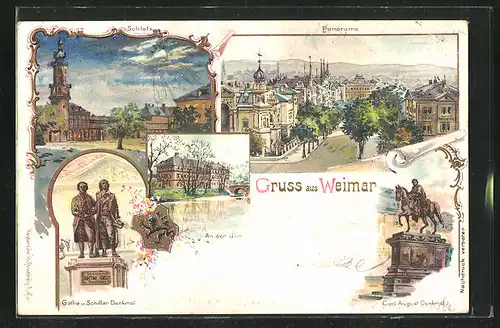 Lithographie Weimar, Goethe und Schiller Denkmal, Schloss, Panorama