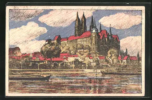 Steindruck-AK Meissen, Kirche mit Flusspartie