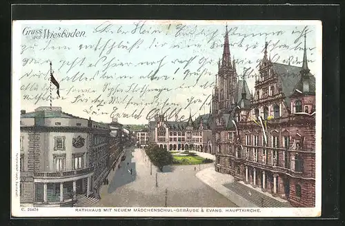 AK Wiesbaden, Rathaus mit neuem Mädchenschulgebäude und evang. Kirche