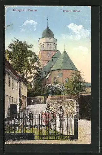 AK Usingen / Taunus, Blick zur evangelischen Kirche