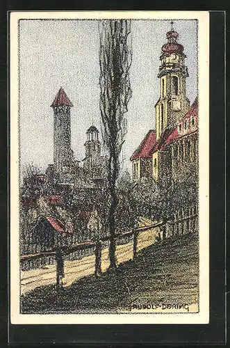 Steindruck-AK Auerbach i. V., Blick auf die drei Türme der Stadt