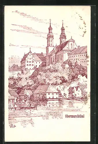 Künstler-AK Obermarchthal, Blick auf Ort mit Kirche