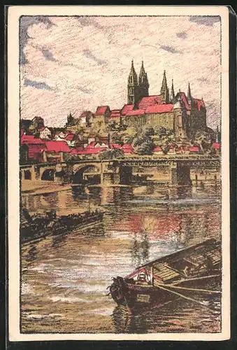 Steindruck-AK Meissen, Blick auf Stadt mit Brücke und Schloss