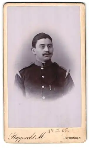 Fotografie Rupprecht Mihaly, Sopronban, Becsi Utcza 2, Portrait Soldat der K. u. K. Armee mit Kordel an der Uniform