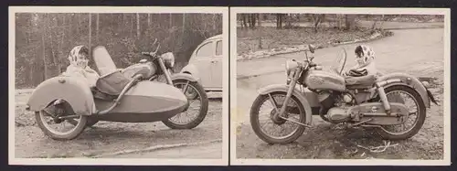2 Fotografien Motorrad Zündapp-Gespann, Bursche im Seitenwagen nebst Krad
