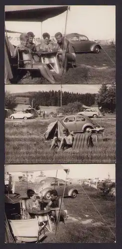 3 Fotografien Auto VW Käfer Ovali, Familie beim Camping auf einem Zeltplatz