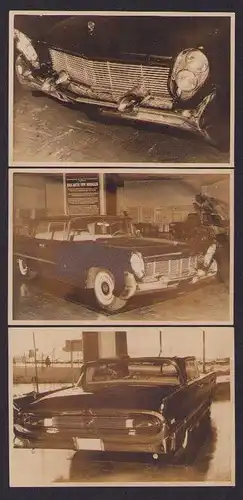 3 Fotografien Auto Lincoln Premiere 1957, US-Car in einem Autohaus ausgestellt