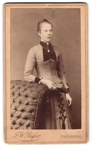 Fotografie F. W. Seifert, Freiberg, Neugasse, Portrait junge Dame in modischer Kleidung mit Buch