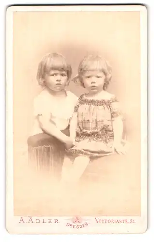 Fotografie A. Adler, Dresden, Victoriastrasse 21, Portrait zwei kleine Mädchen in modischen Kleidern