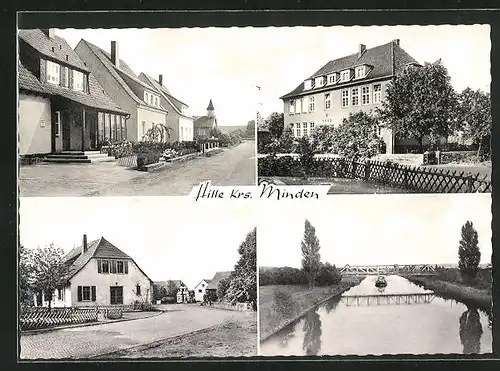 AK Hille /Krs. Minden, Gebäudeansicht, Strassenpartie mit Kirche, Brücke und Boot