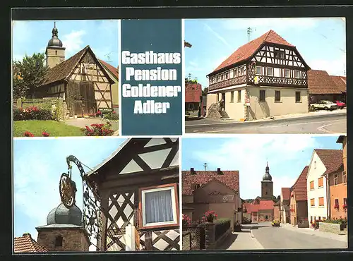 AK Pfarrweisach, Gasthof und Pension zum Goldenen Adler, Strassenpartie mit Leidner Schuhgeschäft, Ortspartie & Kirche