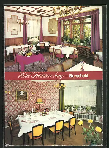 AK Burscheid, Hotel Schützenburg mit Innenansicht vom Speiseraum