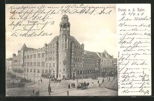 AK Essen /Ruhr, Postamt, Strassenbahn