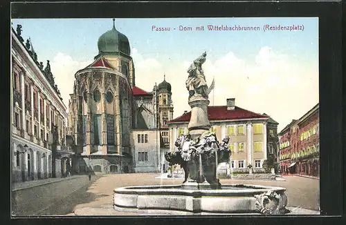 AK Passau, Dom mit Wittelsbachbrunnen, Residenzplatz