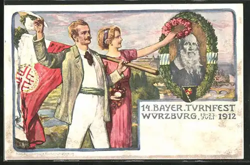 Künstler-AK Würzburg, 14. Bayer. Turnfest 1912, Turner huldigen Turnvater Jahn