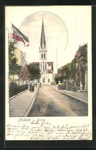 AK Ahlbeck, Kaiserstrasse mit Kirche und Fahne