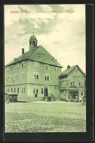 AK Usingen /Taunus, Rathaus und Präparanden Schule mit Geschäft
