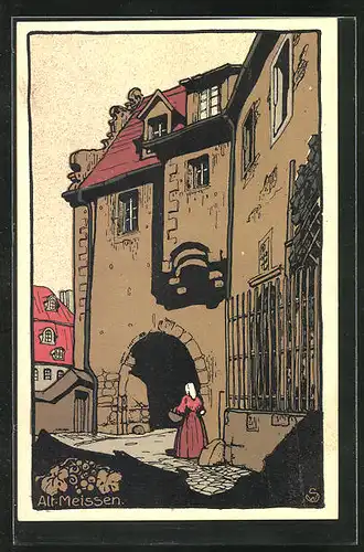 Steindruck-AK Meissen, Das erste Burgtor, Erbaut um 1522