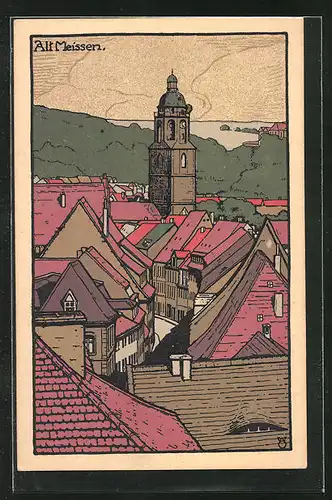 Steindruck-AK Meissen, Blick vom Schlossberg in die Burggasse