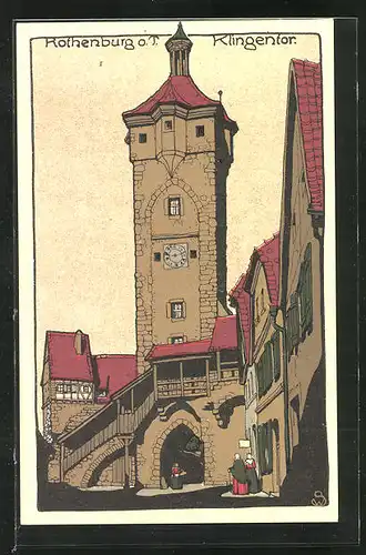 Steindruck-AK Rothenburg o. T., Klingentor mit Frauen