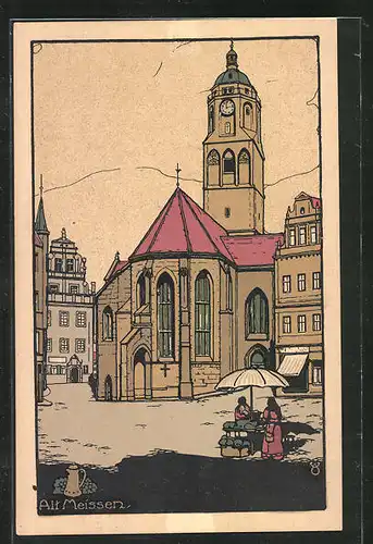 Steindruck-AK Meissen, Frauenkirche mit Marktstand
