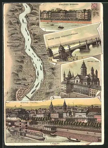 Lithographie Mainz, Dom, Neue Strassenbrücke, Rheinverlauf aus der Vogelschau