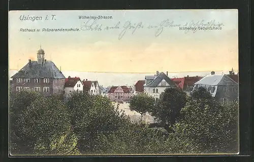 AK Usingen i. T., Wilhelmy-Strasse mit Wilhelmys Geburtshaus, Rathaus und Präparandenschule