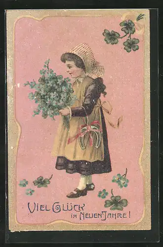 AK Junge Frau mit Blumenstrauss und Hufeisen, Neujahrsgruss