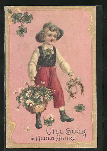 AK Junger Mann mit Blumenkorb und Hufeisen, Neujahrsgruss