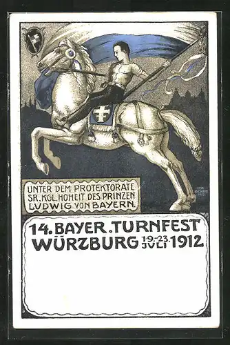 Künstler-AK Würzburg, 14. Bayer. Turnfest 1912, Turner mit Fahne zu Pferde