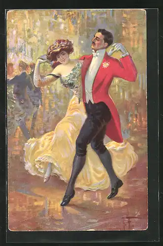 AK Dame im gelben Kleid und Herr im roten Frack beim Tanz