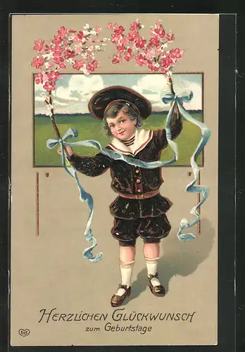 Präge-AK Junge mit Blütenzweigen, Ortspartie, Geburtstagsgruss