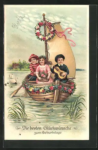 AK Kinder mit Gitarre im Boot sitzend, Geburtstagsgruss