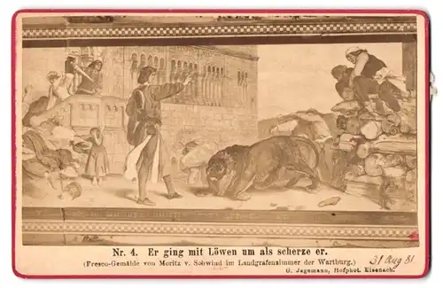 Fotografie G. Jagemann, Eisenach, Ansicht Eisenach, Fresco Nr. 4 in der Wartburg, Er ging mit Löwen um als scherze er