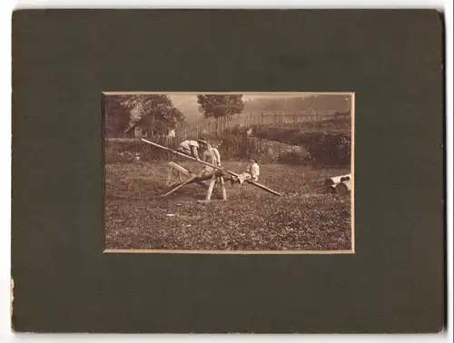 Fotografie Bohomil Stremcha, Ort unbekannt, Bauernkinder beim Spielen auf einer Wippe im Garten