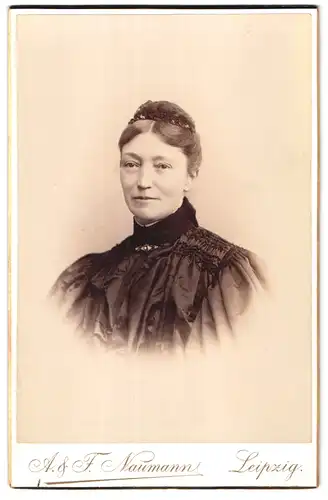 Fotografie A. & F. Naumann, Leipzig, Dorotheenstr. 6, Portrait elegant gekleidete Dame mit Haarschmuck