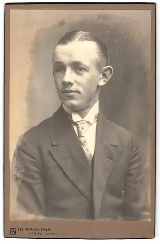 Fotografie Th. Backens, Marne i. Holst., Junger Mann mit gescheiteltem Haar trägt eine gemusterte Krawatte