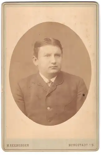 Fotografie H. Seeburger, Burgstädt i. S., Bahnhofstr., Herr mit Mittelscheitel trägt Krawatte